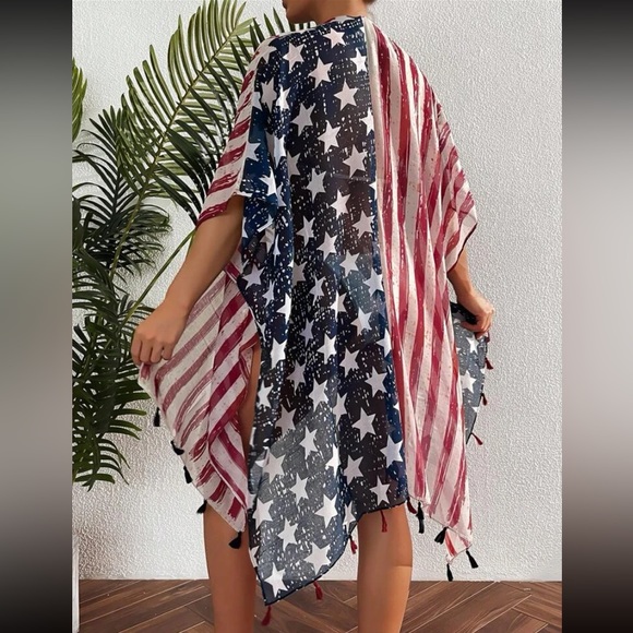 New America Print Boho Tassel Trim Contrast Red Blue Stripe Kimono Swim Cover Up - Picture 12 of 16